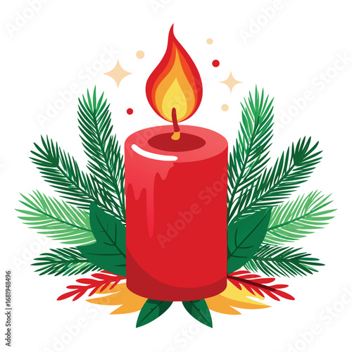 A vibrant red candle lit with a warm orange and yellow flame surrounded by festive green pine branches and christmas decorations vector