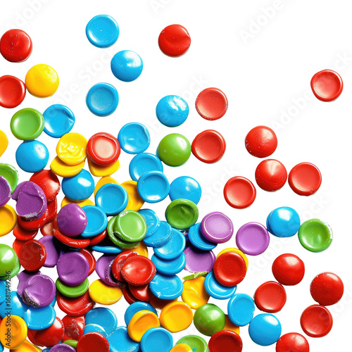 and keyword list based on the image, following your specifications.. Round Candies Scattered Randomly, Overhead View on Black Background