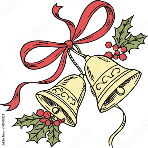 Festive christmas bells tied with a red ribbon and holly sprigs symbolizing holiday cheer and celebration vector