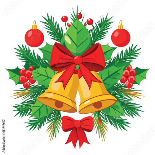 Traditional christmas bells garland decoration with holly berries pine needles and red bows festive celebration element vector