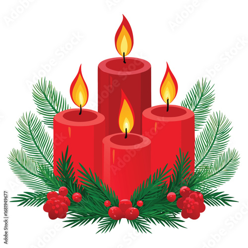 Festive four red candles illuminated amidst green pine branches and holly berries for holiday celebration vector
