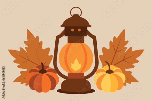 Autumn Still Life with Vintage Lantern Pumpkins and Fall Leaves for Thanksgiving and Harvest Season