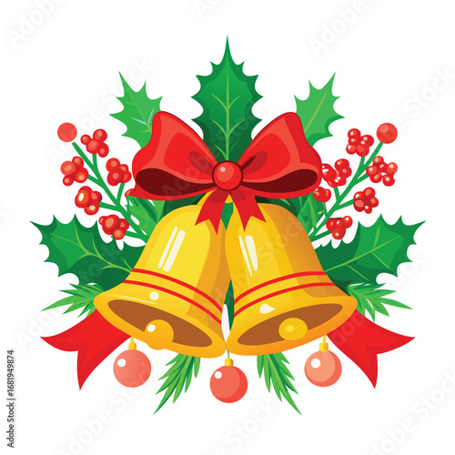 Festive golden christmas bells decorated with red bow holly and berries for holiday celebration vector