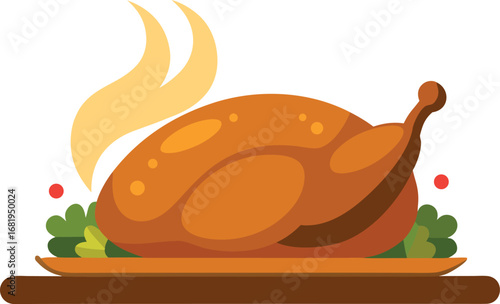 Roasted Chicken on a Platter with Vegetables and Smoke a Festive and Delicious Meal Illustration