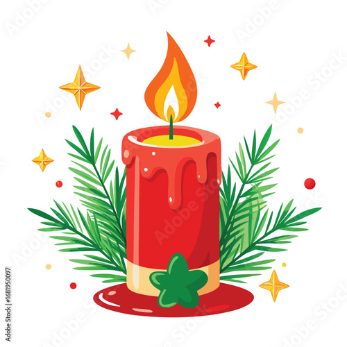 Vibrant red christmas candle with festive greenery and sparkling stars emanating warm light and holiday cheer vector
