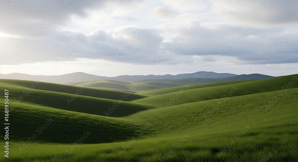 Fototapeta premium Rolling green hills under cloudy sky rolling hills green grass