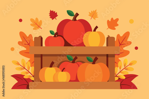 Fall Harvest Apples and Pumpkins in Wooden Crate with Autumn Leaves and Dots Background Illustration