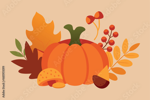 Autumn Harvest Still Life Pumpkin Leaves Berries Acorn and Mushroom in a Flat Vector Illustration
