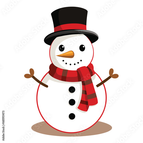 Charming snowman with red scarf and black top hat ready for winter holidays and festive celebrations vector