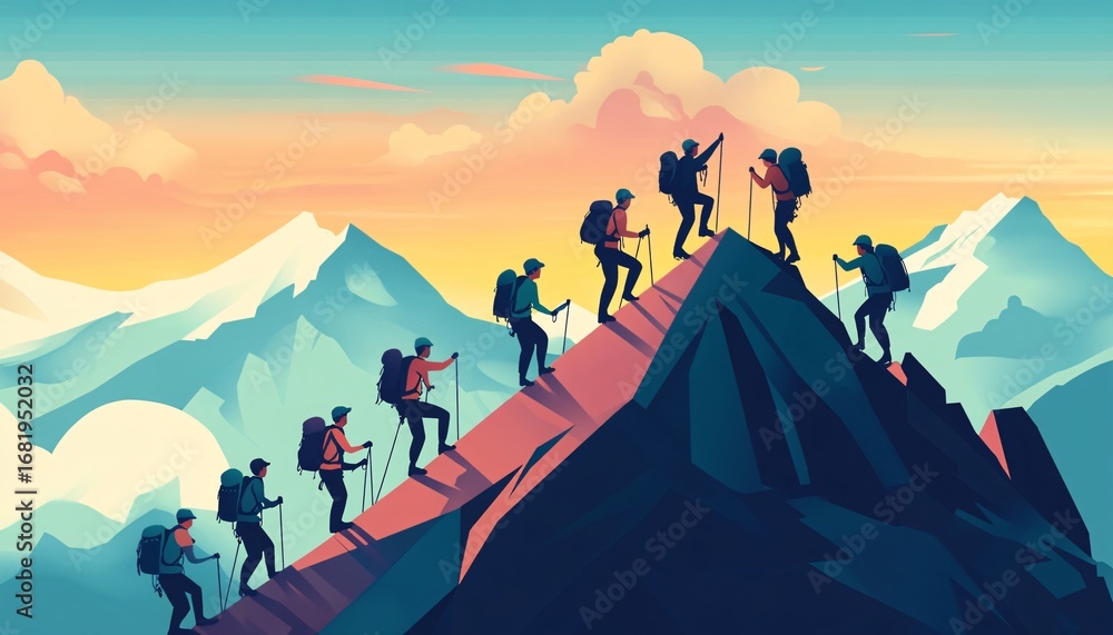 Fototapeta premium A group of hikers with backpacks and poles climb upward on a steep, rocky mountain trail toward a summit, at sunset against a backdrop of snow capped mountains and clouds.