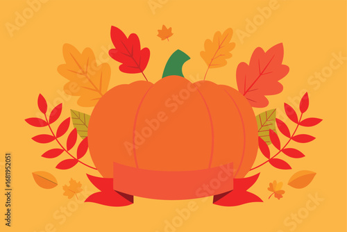 Autumn Harvest Celebration A Vibrant Pumpkin Surrounded by Colorful Leaves Perfect for Thanksgiving and Fall Festivities