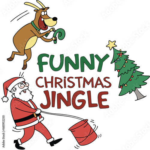 Humorous cartoon characters santa claus and a dog celebrate a funny christmas jingle with a tree vector
