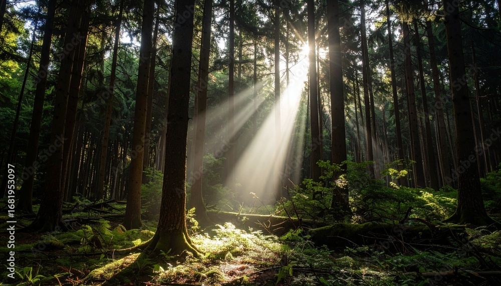 Obraz premium Sunbeam Breaking Through Dark Forest
