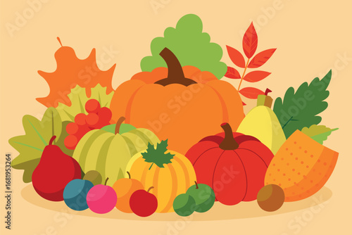 Autumn harvest abundance with pumpkins pears apples and berries