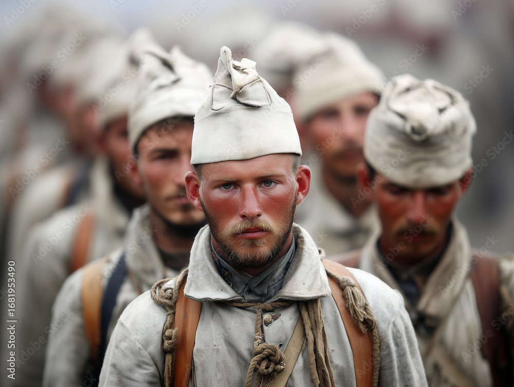 Fototapeta premium Soldiers wearing white uniforms standing in formation