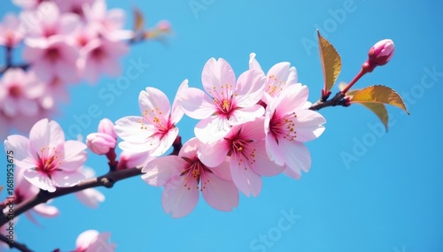 Delicate pink sakura blossoms cluster on a branch against a vibrant blue sky , serenity, pink petals