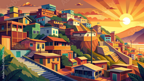 Valparaíso, Chile, bursts with steep hills, painted houses, and winding stairways overlooking the Pacific Ocean. Sunset casts golden light; semi-realistic flat vector emphasizing colorful geometry and