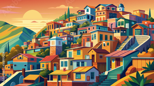 Valparaíso, Chile, bursts with steep hills, painted houses, and winding stairways overlooking the Pacific Ocean. Sunset casts golden light; semi-realistic flat vector emphasizing colorful geometry and