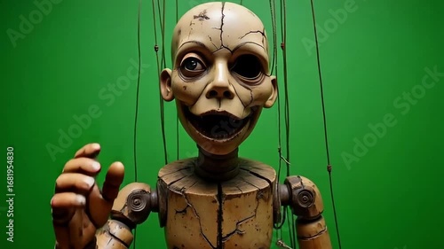 Creepy vintage wooden marionette puppet with cracked face and empty eyes, suspended by strings against a vibrant green background, evoking uncanny suspense and horror.