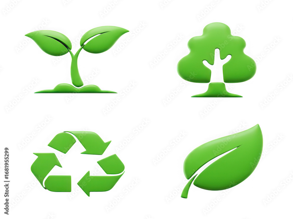 Obraz premium Four green eco symbols seedling tree recycle symbol leaf against black