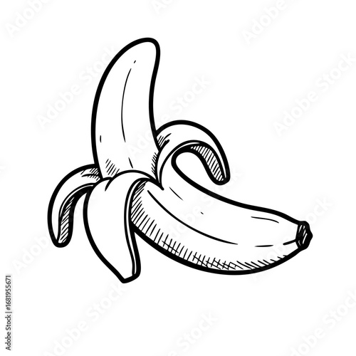 Hand-drawn illustration of a partially peeled banana with a white background and subtle shadow. Cartoon doodle style, perfect for healthy food and snack concepts.