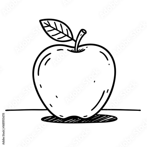 Hand-drawn black and white apple illustration with a stem and leaf, featuring a doodle style. Simple monochrome fruit graphic on a white background.