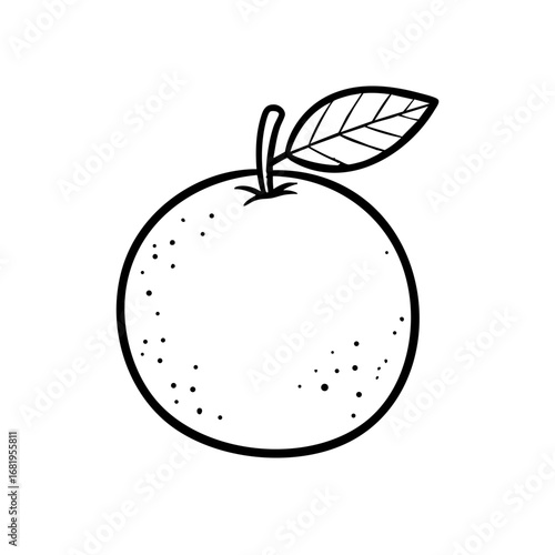 buah2an doodle-04Simple black and white hand-drawn fruit illustration with stem and leaf, featuring stippling texture and line shading, on a clean white background.