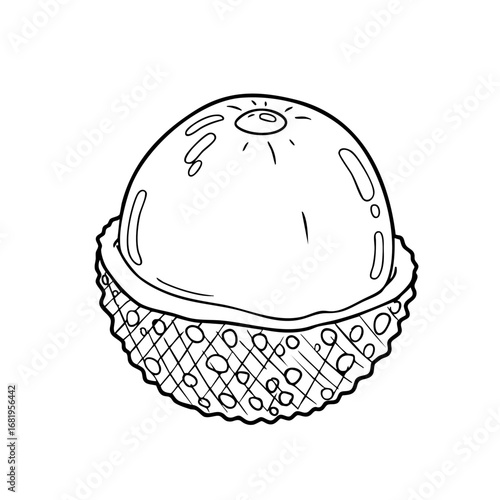 buah2an doodle-15Monochrome line drawing of a partially peeled lychee fruit, featuring its smooth, round flesh above the textured, bumpy outer skin. Isolated on white.