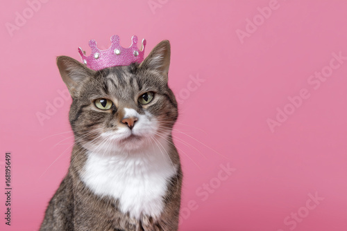 Cat in pink crown poses against vibrant pink background