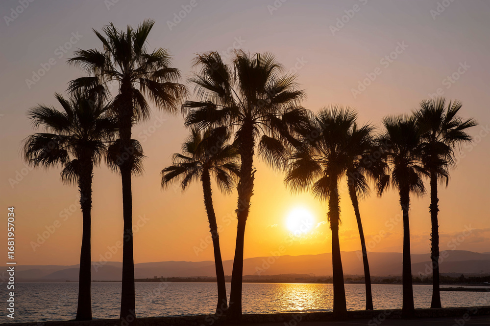 Obraz premium Beautiful sunset with palm trees along the coastline
