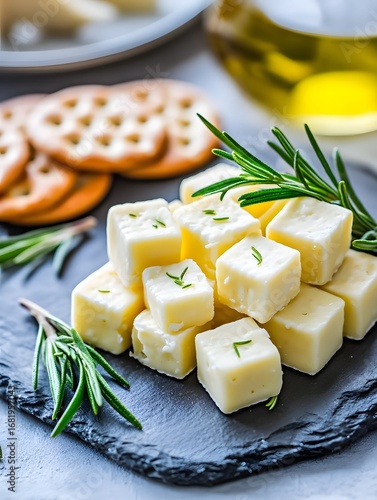 Elegant Summer Appetizer: Cheese Cubes with Rosemary and Crackers in Gourmet Food Photography Setting