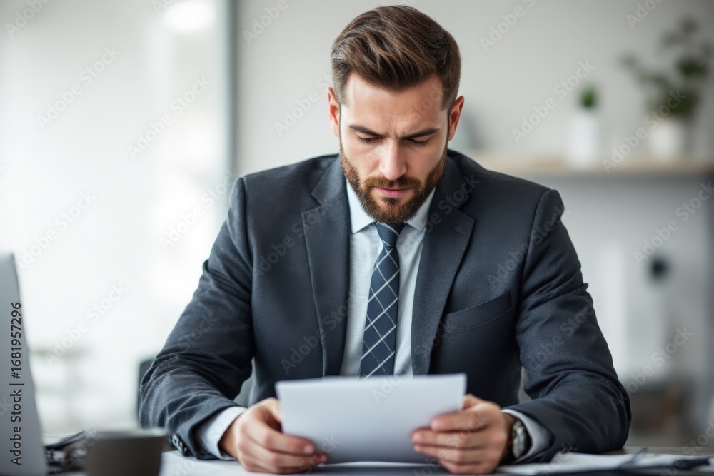 Naklejka premium Focused Businessman Reviewing Documents at Desk
