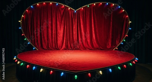 Heart shape burlesque stage with red velvet curtain and colorful lights. Cabaret theater scene decoration for show.