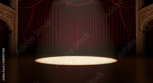 Spotlight on wooden stage with red velvet curtain, ready for show. Background for performance, burlesque, cabaret, and magic.