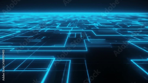 Wallpaper Mural Futuristic digital landscape with glowing blue lines creating a network grid in a dark space Torontodigital.ca