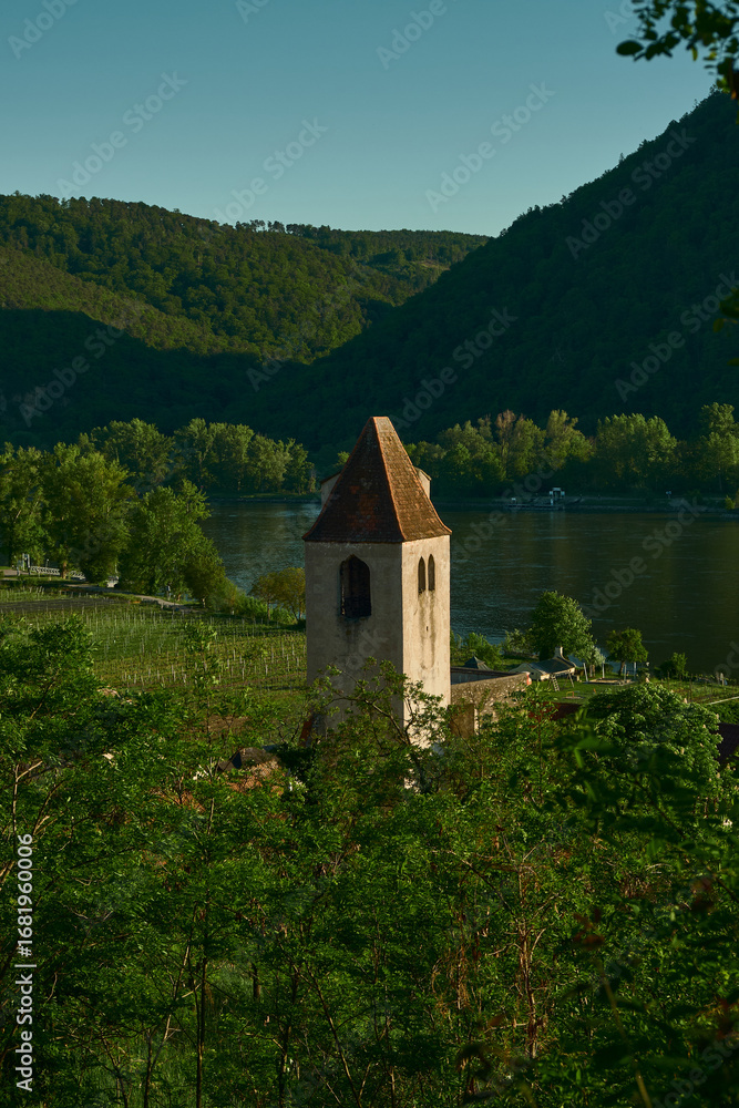 Obraz premium Old tower surrounded by vineyards and trees in Dürnstein, Wachau Valley, Austria. Scenic view of the Danube River and forested hills in the background.