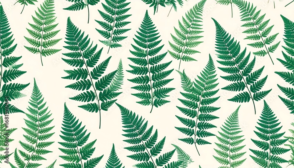Obraz premium A repeating pattern of detailed fern leaves in shades of green, set against a pale cream background.