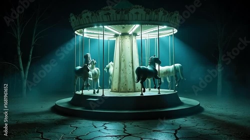Eerie carousel with illuminated horses spins slowly in foggy night, casting dramatic shadows on cracked ground