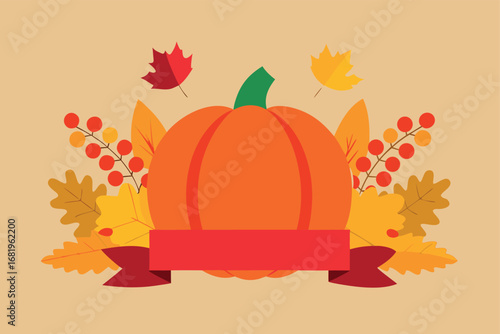 Autumn Harvest Celebration Pumpkin Leaves and Berries Arranged for Thanksgiving or Fall Festival Graphic Design Element
