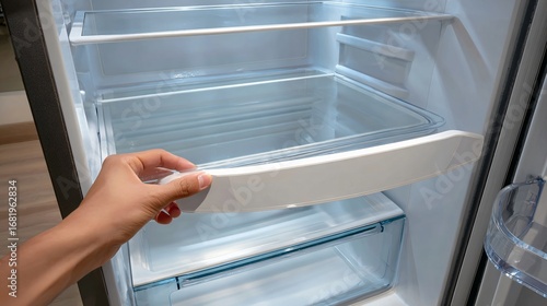 Wallpaper Mural Hand closing clear crisper drawer in a clean, empty modern refrigerator interior Torontodigital.ca