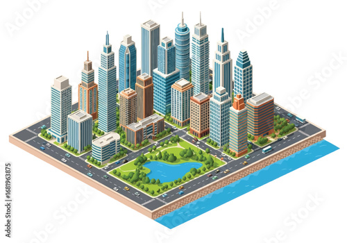 Isometric 3D view of a modern city skyline with skyscrapers, waterfront roads, and a central park with lake, ideal for business, real estate, urban planning, and travel concepts