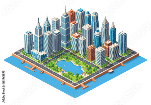 Isometric 3D view of a modern city skyline with skyscrapers, waterfront roads, and a central park with lake, ideal for business, real estate, urban planning, and travel concepts