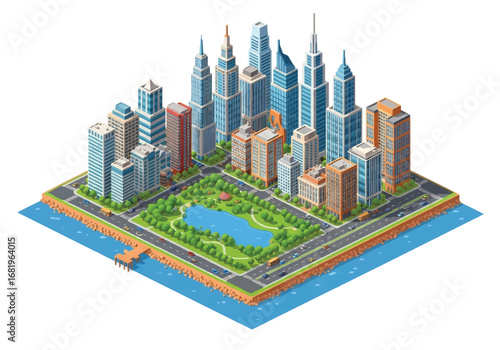 Isometric 3D view of a modern city skyline with skyscrapers, waterfront roads, and a central park with lake, ideal for business, real estate, urban planning, and travel concepts