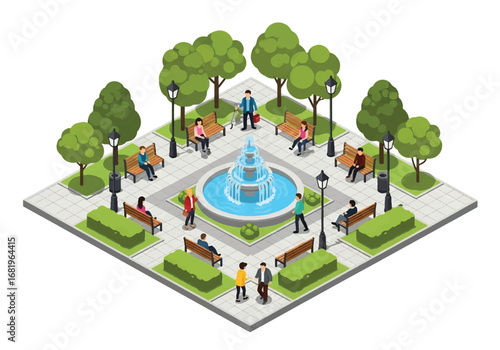 Isometric 3D view of a city park with fountain, benches, trees, flower beds, and walking paths, ideal for urban design, leisure, lifestyle, travel, and environmental concepts