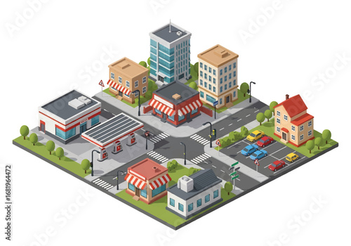 Isometric 3D view of a busy city intersection with shops, houses, office buildings, gas station, cars, and crosswalks, perfect for urban planning, business, real estate, and marketing themes
