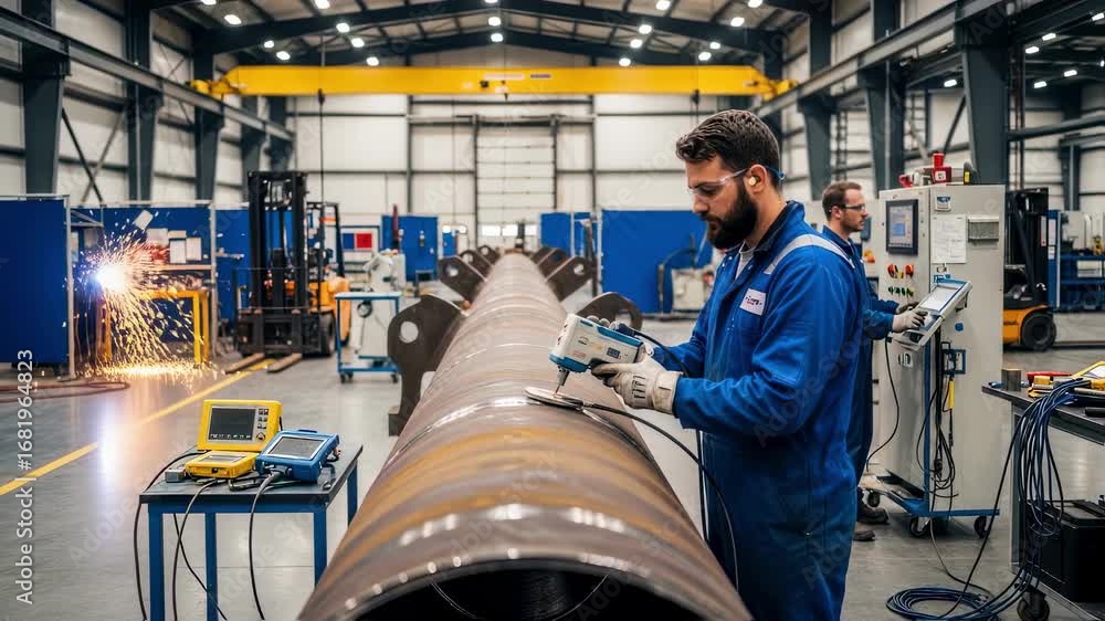 Workers performing nondestructive testing on thick metal riser sections ...