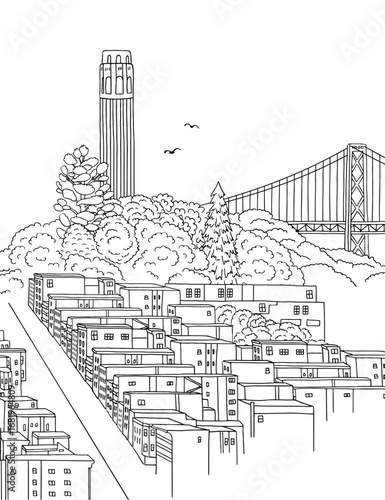 Hand drawn ink illustration of North Bay, San Francisco