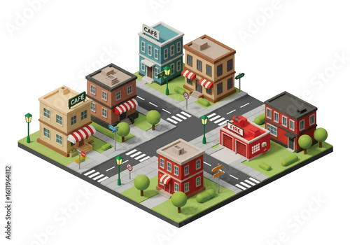 Isometric 3D view of a modern city intersection with buildings, houses, cars, crosswalks, and street signs, ideal for urban planning, real estate, business, and marketing concepts