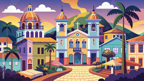 Salvador de Bahia, Brazil, shines with pastel buildings, decorated churches, and tiled streets. Evening lamps illuminate plazas; semi-realistic flat vector capturing Afro-Brazilian culture, architectu