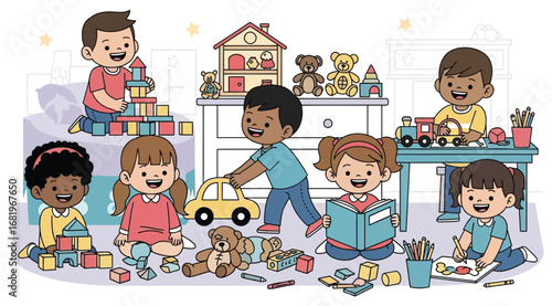 Diverse group of children playing with toys in a nursery. Kindergarten friends enjoying playtime together. Early childhood education and development concept. Cartoon illustration.